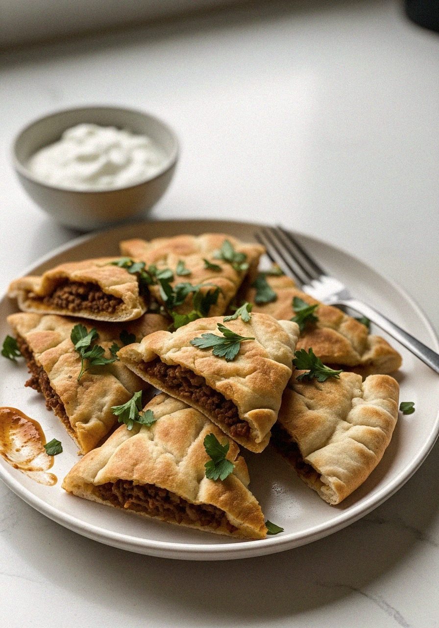 Arayes au boeuf haché et feta 7 Arayes au boeuf haché et feta coupées en triangles, servies | Recettes du Soir