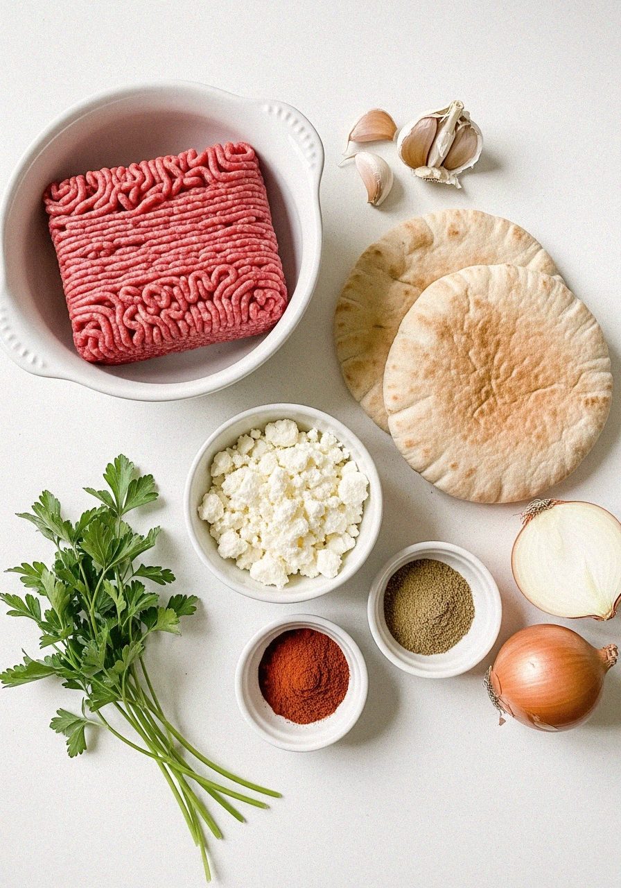 Arayes au boeuf haché et feta 3 Ingrédients pour arayes au boeuf haché et feta — viande, épices, pita | Recettes du Soir