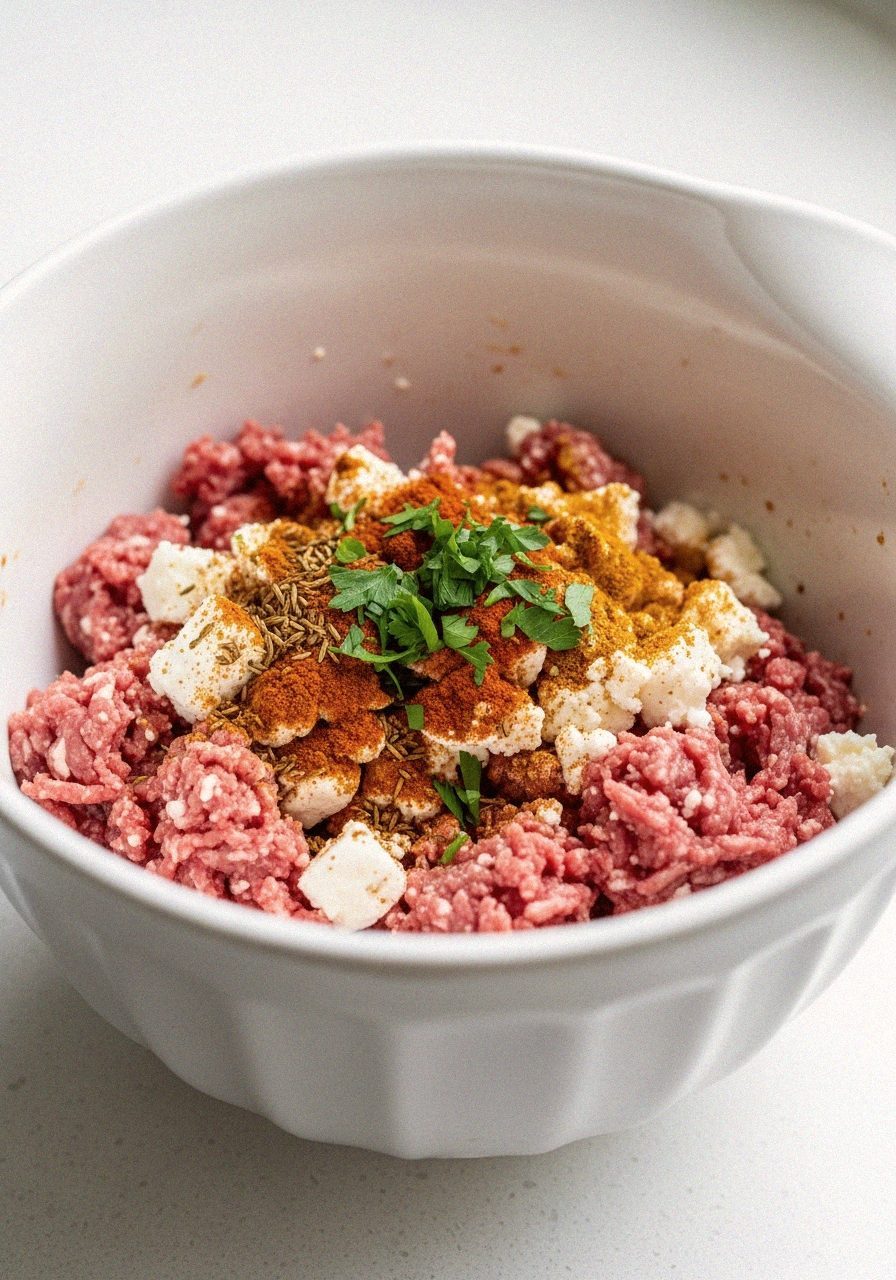 Arayes au boeuf haché et feta 4 Mélange de boeuf haché épicé pour arayes dans un bol | Recettes du Soir
