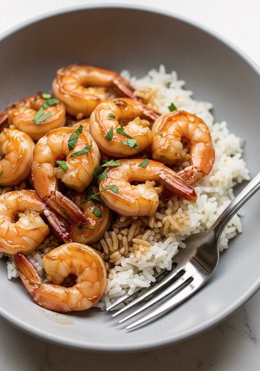 Crevettes à l'ail et au miel en 20 minutes 5 Crevettes ail miel servies sur riz blanc dans un bol | Recettes du Soir