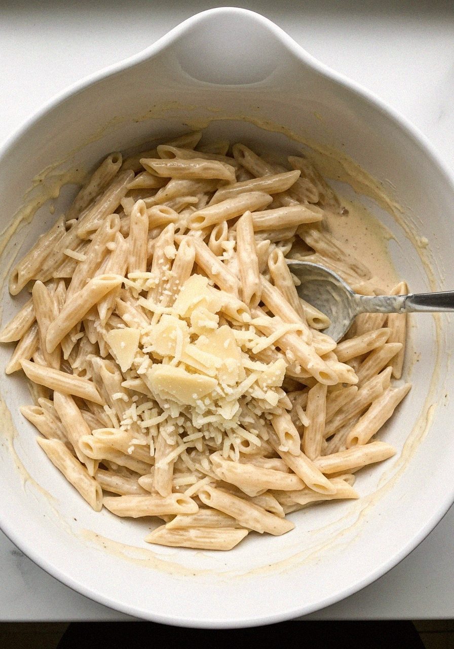 Gratin de pâtes crémeux au four 5 Pâtes mélangées à la béchamel avant de gratiner | Recettes du Soir