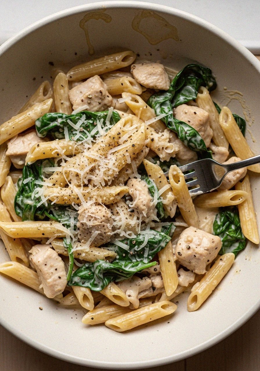 One pot pâtes crémeuses poulet épinards en bowl crème — vue rapprochée | Recettes du Soir