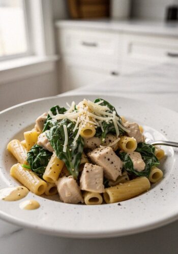 One pot pâtes crémeuses poulet épinards — bowl servi avec parmesan | Recettes du Soir