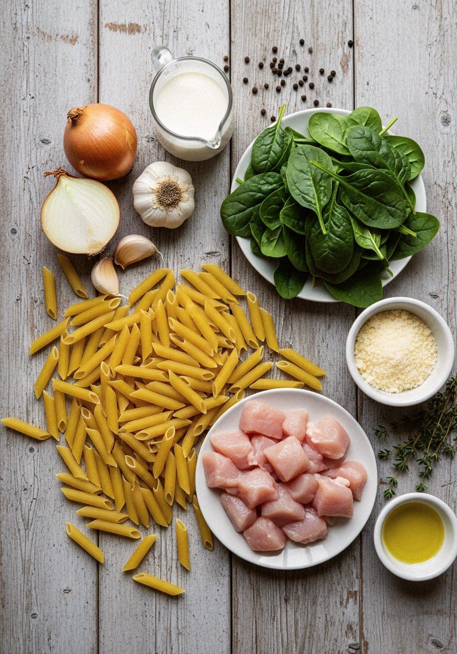 Ingrédients pour one pot pâtes crémeuses poulet épinards en flat lay sur bois | Recettes du Soir