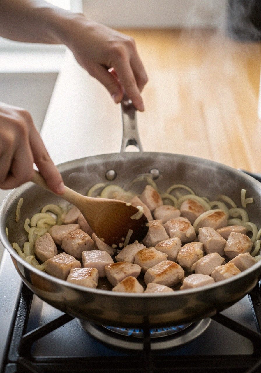 Faire dorer les dés de poulet et l'oignon dans la sauteuse | Recettes du Soir