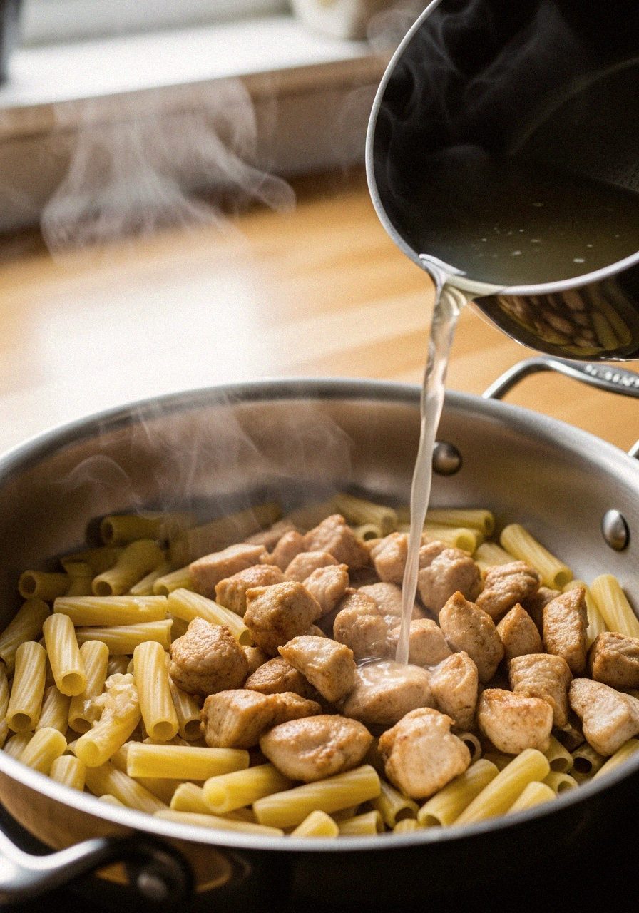 Verser le bouillon de volaille sur les pâtes crues et le poulet | Recettes du Soir