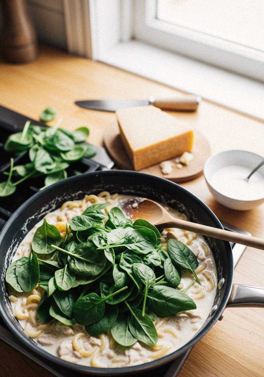 Incorporer les pousses d'épinards et la crème en fin de cuisson | Recettes du Soir