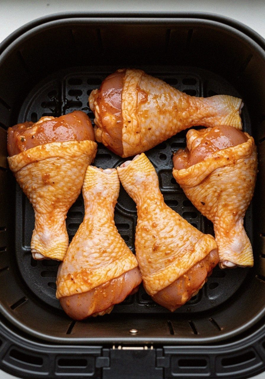 Pilons de poulet à l'air fryer — miel, citron, paprika 5 Pilons de poulet disposés dans le panier de l'air fryer | Recettes du Soir