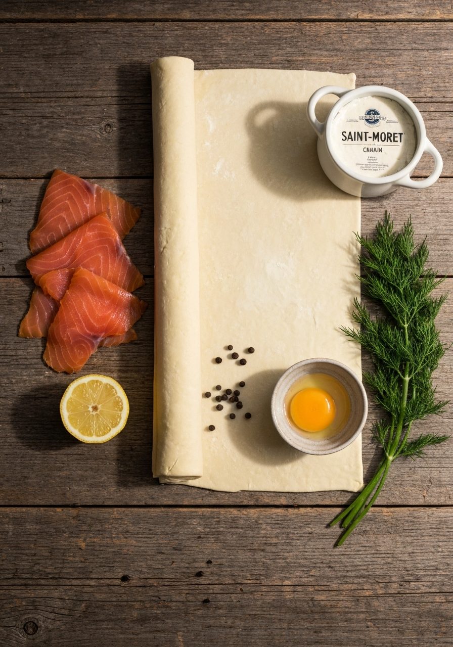 Ingrédients pour roulés feuilletés saumon fumé — pâte feuilletée, saumon, fromage frais, aneth | Recettes du Soir