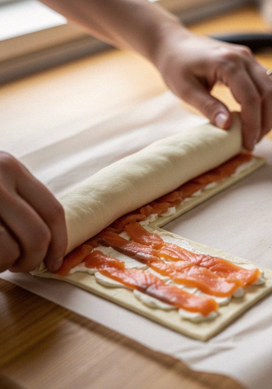 Roulage de la pâte feuilletée garnie de saumon en boudin | Recettes du Soir