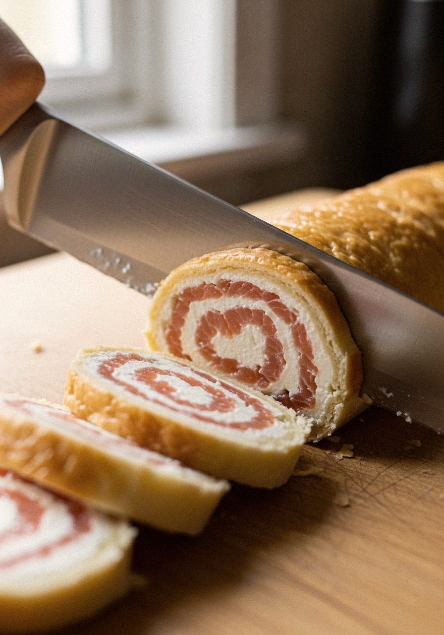 Découpe du boudin en tranches de 1,5 cm — spirale saumon-fromage visible | Recettes du Soir