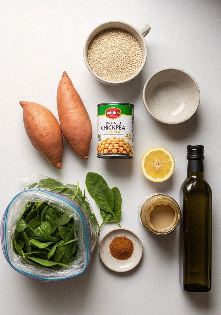 Salade de quinoa, patate douce rôtie et pois chiches croustillants 3 Ingrédients salade quinoa patate douce pois chiches — légumes, tahini | Recettes du Soir