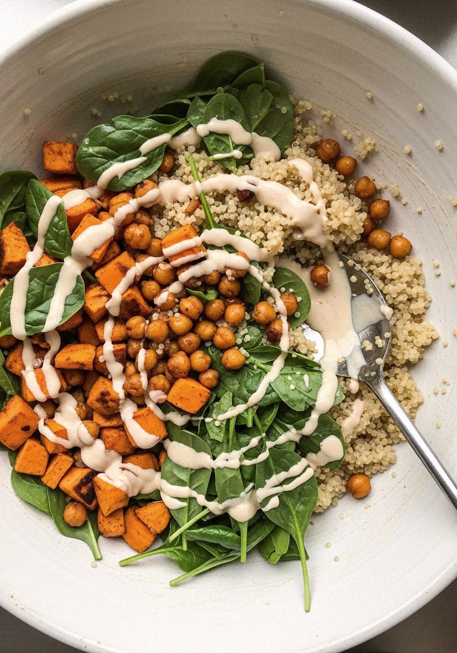 Salade de quinoa, patate douce rôtie et pois chiches croustillants 6 Assemblage de la salade quinoa dans un grand saladier | Recettes du Soir