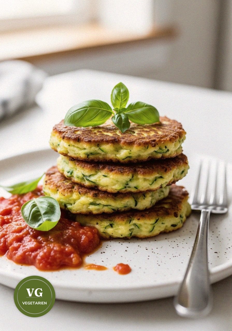 Galettes de courgettes dorees sur lit de sauce tomate