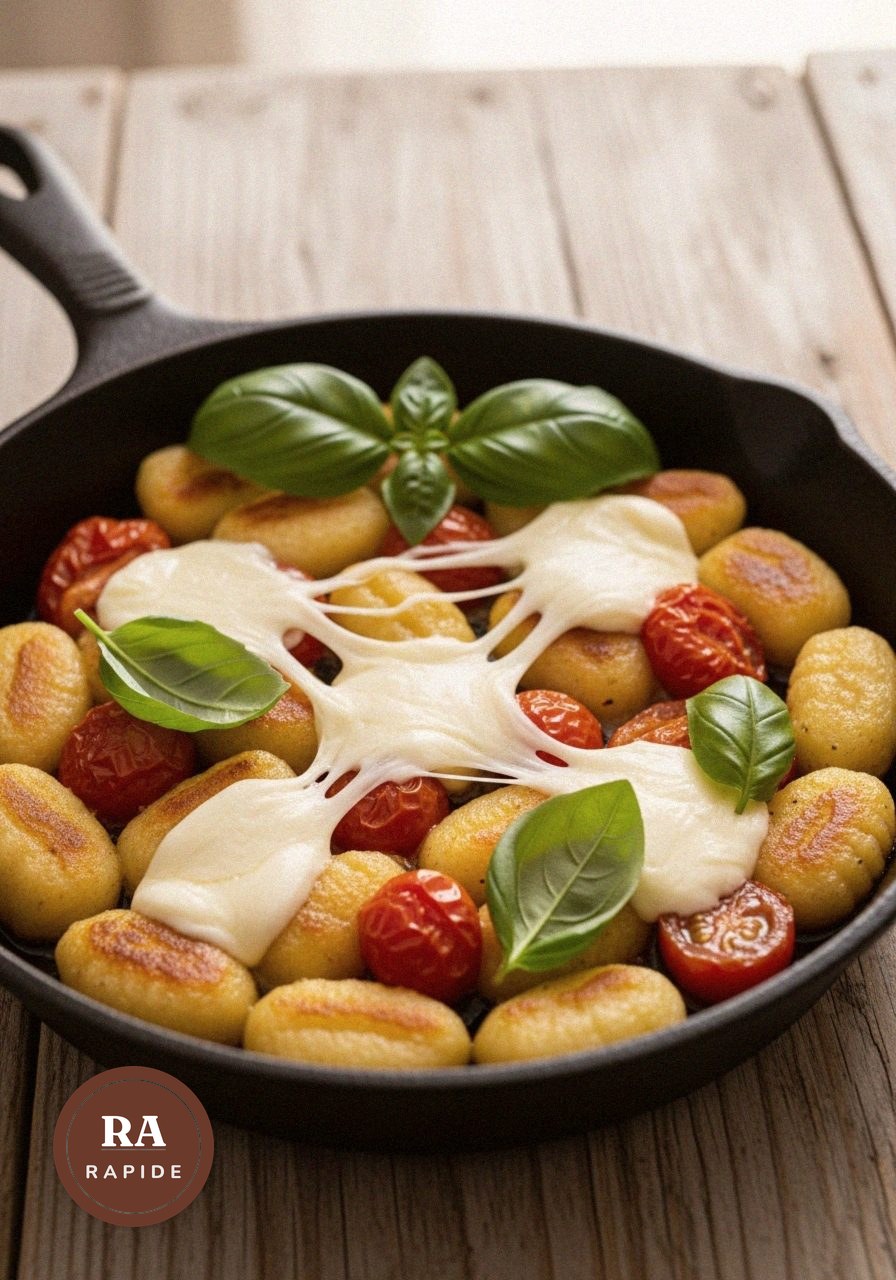 Gnocchis croustillants à la poêle, tomates cerises et mozza 2 Gnocchis croustillants a la poele avec tomates cerises et mozzarella